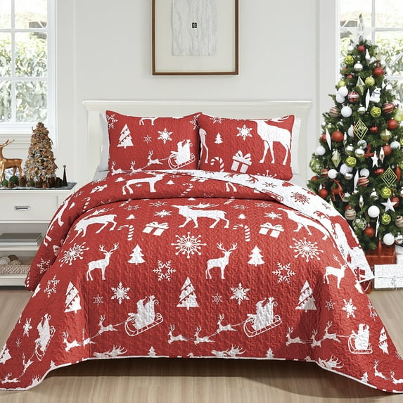 Mocaletto Luxury 3 Piece Queen Size Quilts, Elegant&Reversible Christmas Reindeer Quilt Set Bedding Set with Pillow Shams, Holiday Bedspread, Lightweight Microfiber Queen Size Coverlet