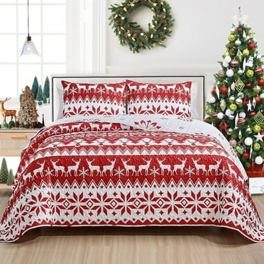 Mocaletto Luxury 3 Piece Queen Size Quilts, Elegant&Reversible Christmas Snow Quilt Set Bedding Set with Pillow Shams, Holiday Bedspread, Lightweight Microfiber Queen Size Coverlet