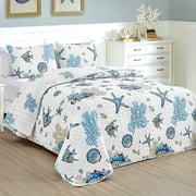 Mocaletto Luxury 3 Piece Queen Size Quilts, Elegant&Reversible Ocean Quilt Set Bedding Set with Pillow Shams, Sealife Beach Bedspread, Lightweight Microfiber Queen Size Coverlet