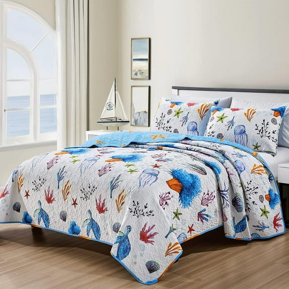 Mocaletto 3-Piece Queen Coastal Quilt Set, Blue Geometric Pattern