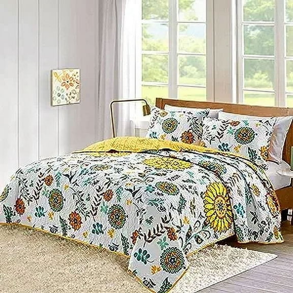 Mocaletto Luxury 3-Piece Sunflower Floral Quilt Bedding Sets, Queen