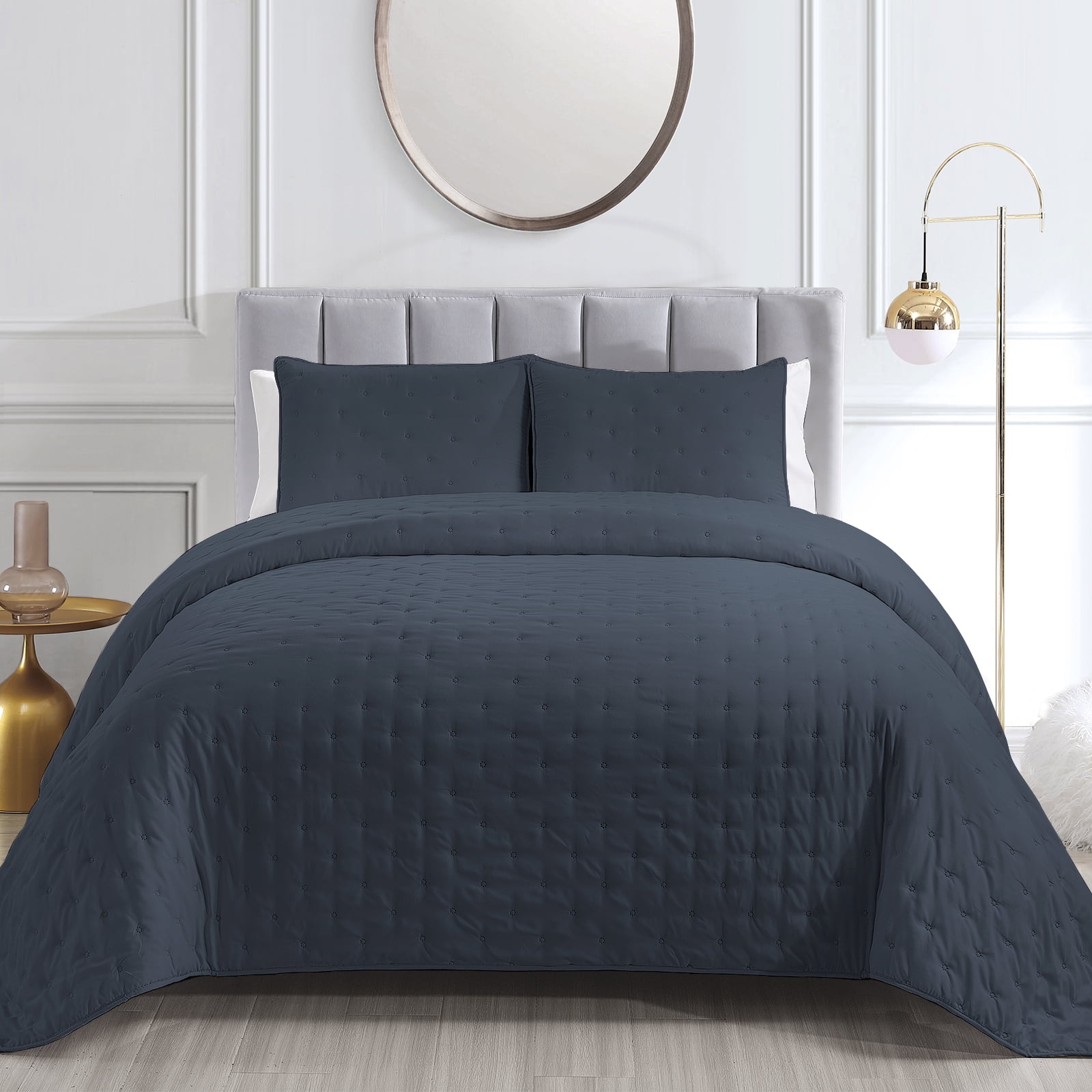 Mocaletto Reversible Quilts Set Queen Size, 3 Piece Navy Blue Quilt ...