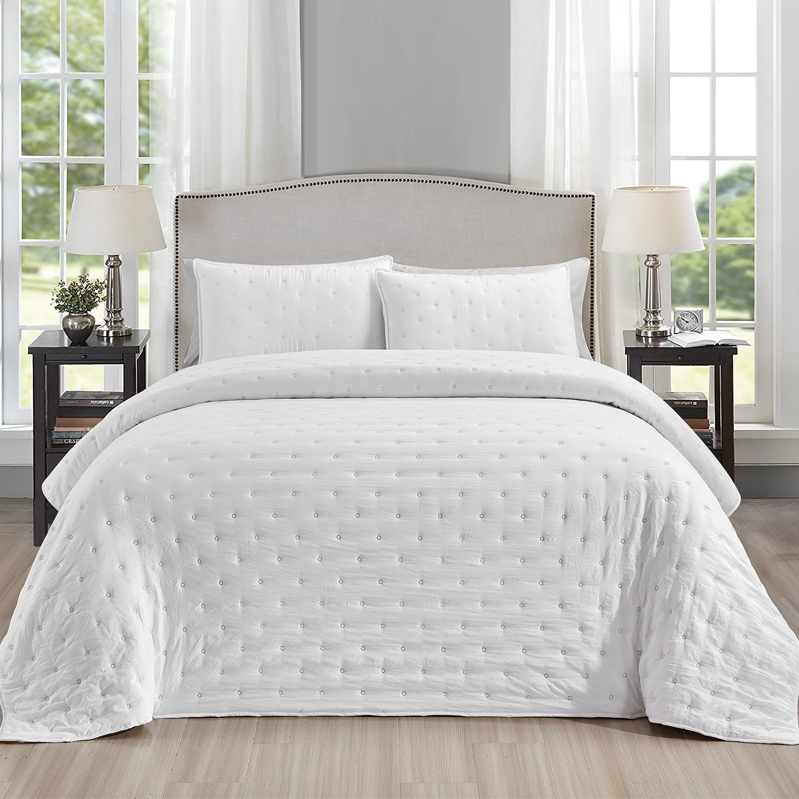 Mocaletto Reversible Quilts Set Queen Size, 3 Piece White Quilt with Pillow Shams, Point Pattern Microfiber Bedspread, Lightweight Soft All Season Coverlet For Bedroom,Hotel &Gift