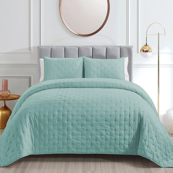 Mocaletto Reversible Quilts Set Twin Size, 2 Piece Blue Quilt with Pillow Shams, Point Pattern Microfiber Bedspread, Lightweight Soft All Season Coverlet for Bedroom,Hotel &Gift