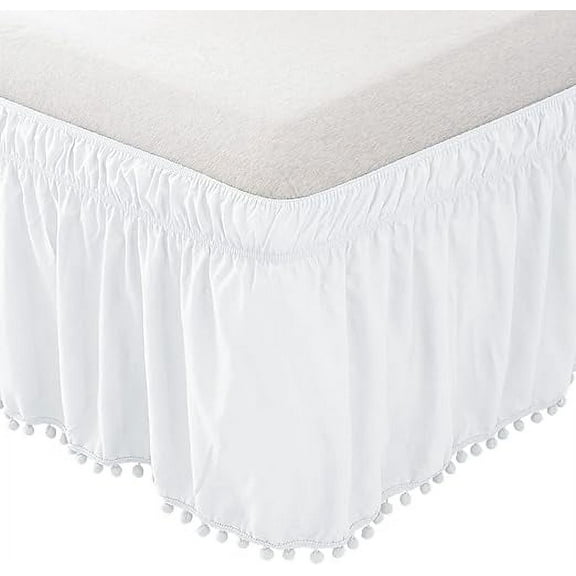 Mocassi 1-Piece Pom-Pom Bed Skirt 16inch Drop, 1500 Thread Count Quality, Wrap Around Elastic for Easy Application, Wrinkle Resistant, Queen/King, Aesthetic White