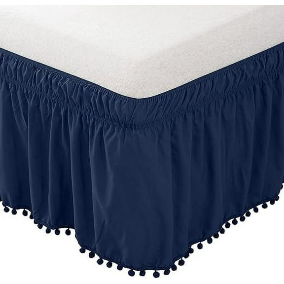 Mocassi 1-Piece Pom-Pom Bed Skirt 16inch Drop, 1500 Thread Count Quality, Wrap Around Elastic for Easy Application, Wrinkle Resistant, Queen/King, Luxe Navy Blue