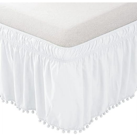 Mocassi 1-Piece Pom-Pom Bed Skirt 16inch Drop, 1500 Thread Count Quality, Wrap Around Elastic for Easy Application, Wrinkle Resistant, Twin/Full, Aesthetic White