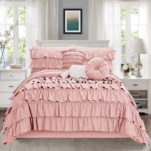 Mocassi 10-Piece Bed-in-a-Bag, Includes Bed Sheet with Double Sided Storage Pockets & Decorative Pillows, Multi-Ruffle Comforter, King, Dusty Rose