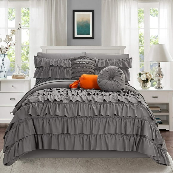 Mocassi 10-Piece Bed-in-a-Bag, Includes Bed Sheet with Double Sided Storage Pockets & Decorative Pillows, Multi-Ruffle Comforter, King, Gray