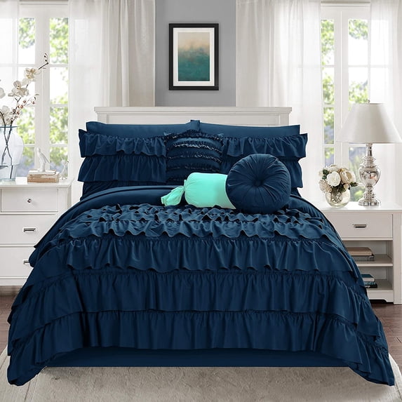 Mocassi 10-Piece Bed-in-a-Bag, Includes Bed Sheet with Double Sided Storage Pockets & Decorative Pillows, Multi-Ruffle Comforter, King, Navy