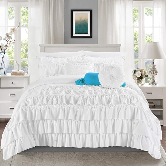 Mocassi 10-Piece Bed-in-a-Bag, Includes Bed Sheet with Double Sided Storage Pockets & Decorative Pillows, Multi-Ruffle Comforter, King, White