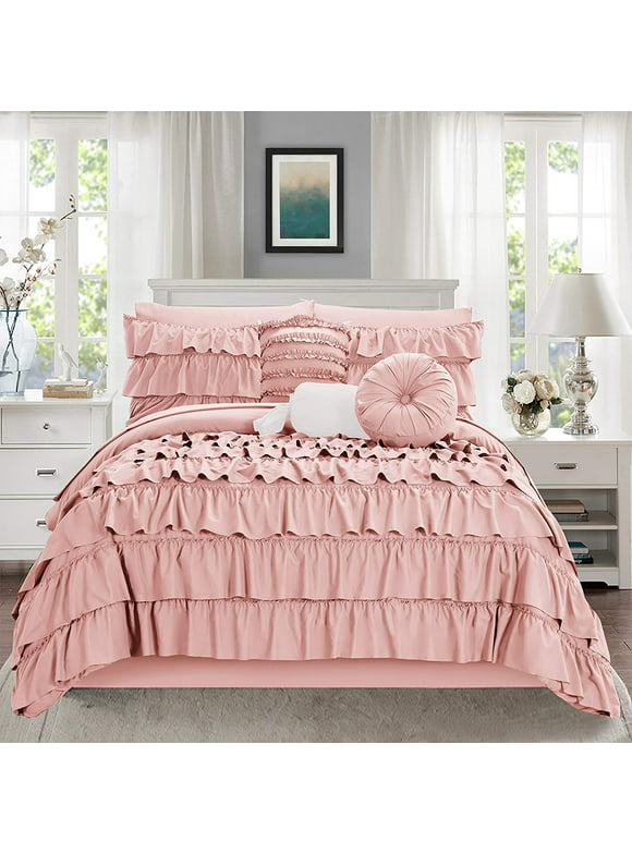 Mocassi 10-Piece Bed-in-a-Bag, Includes Bed Sheet with Double Sided Storage Pockets & Decorative Pillows, Multi-Ruffle Comforter, Twin, Dusty Rose