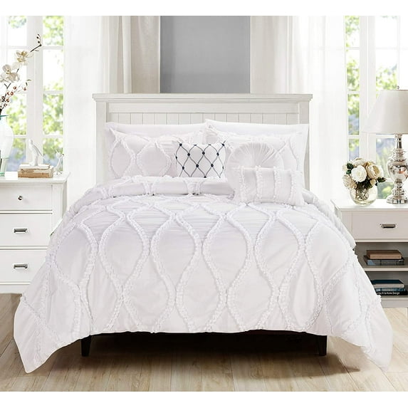 Mocassi 10pc Bed-in-a-Bag Infinity Design Comforter Set, Ultra Soft Bed Set Featuring Decorative Pillows and Fitted Sheet with Storage Pockets, Infinity Comforter, Full/Queen, Opal White