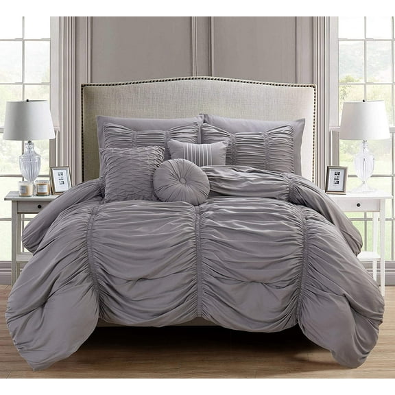 Mocassi 10pc Pleated Bed-in-a-Bag, Ruched Ruffle Comforter Set Featuring Decorative Pillows and Fitted Sheet Full/Queen, Gray