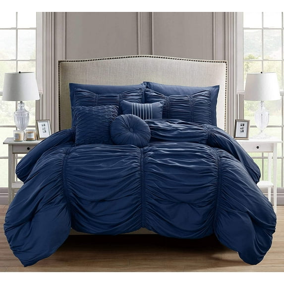 Mocassi 10pc Pleated Bed-in-a-Bag, Ruched Ruffle Comforter Set Featuring Decorative Pillows and Fitted Sheet Full/Queen, Navy