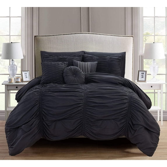 Mocassi 10pc Pleated Bed-in-a-Bag, Ruched Ruffle Comforter Set Featuring Decorative Pillows and Fitted Sheet King, Black