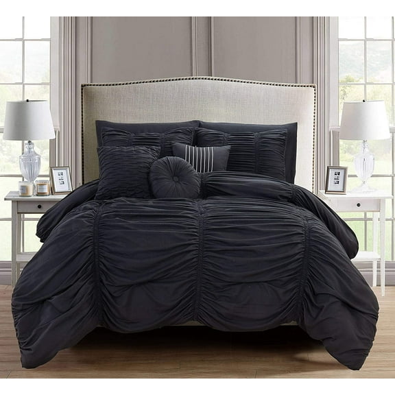 Mocassi 10pc Pleated Bed-in-a-Bag, Ruched Ruffle Comforter Set Featuring Decorative Pillows and Fitted Sheet King, Black