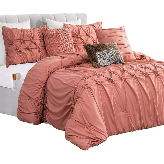 Mocassi 12-Piece Comforter Set, Ella Bedding Collection includes 6-Piece Smart Sheet Set, Matching Shams & Decorative Pillows, Full/Queen, Dusty Rose