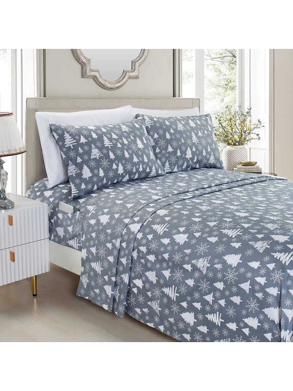 1800 Prestige Collection Classic Luxury Modern White Microfiber Sheet Sets, Queen, Christmas Tree