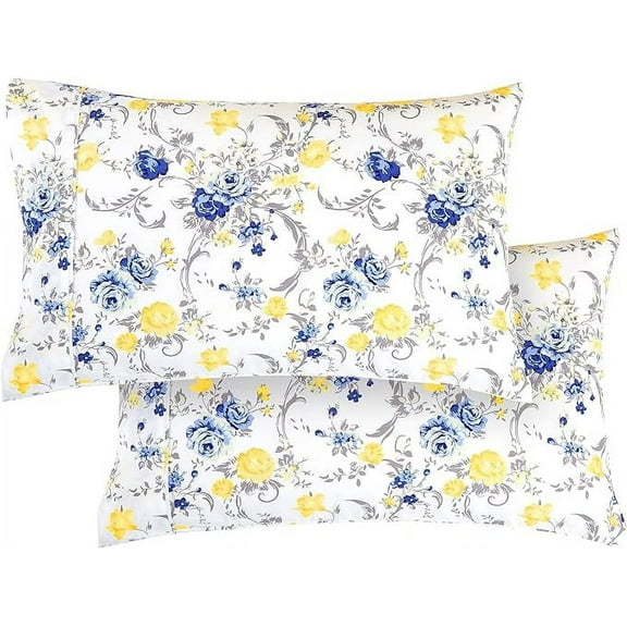 Mocassi 2 Floral Pint Pillowcases Set - 1500 Thread Microfiber 2-Piece Envelope Closure Pillow Covers, Soft and Smooth - King, Gold Jenna