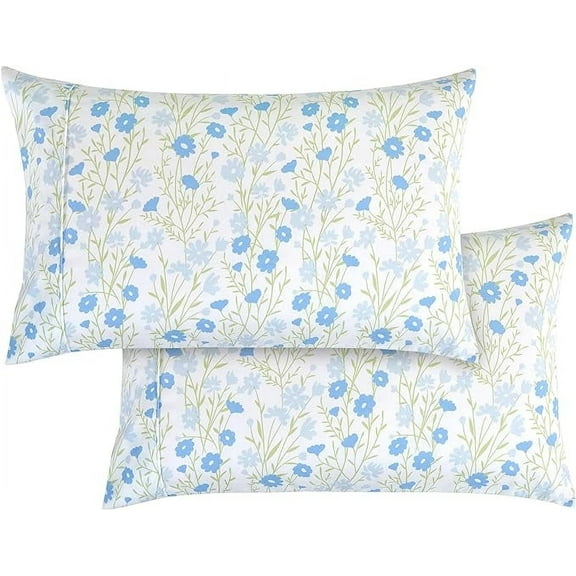 Mocassi 2 Floral Pint Pillowcases Set - 1500 Thread Microfiber 2-Piece Envelope Closure Pillow Covers, Soft and Smooth - Standard/Queen, Blue Laurel