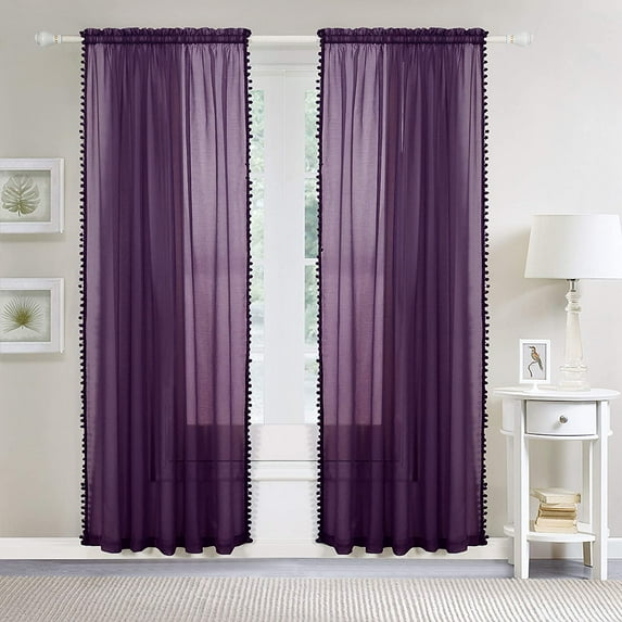 Mocassi (2-Piece) Multipurpose Pom Pom Drapes, Semi-Sheer Window Curtains with 2 inch Rod Pocket, 40 X 84 inches, Eggplant Purple