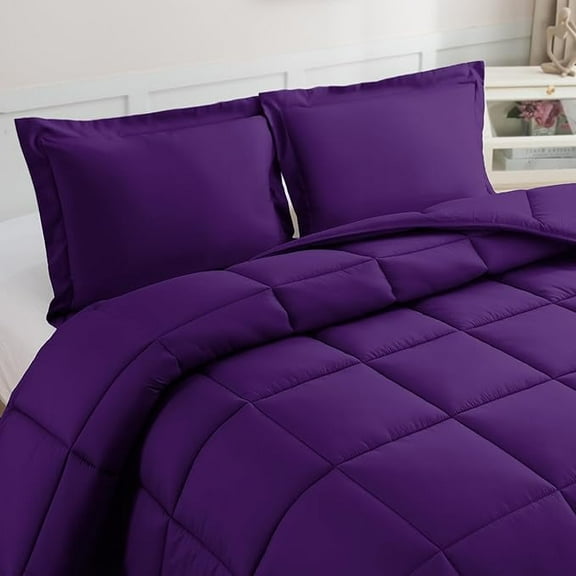 Mocassi 3-Piece Comforter Set, Down Alternative Box Stitched, Ultra Soft All-Season Bedding with Shams, Plush Cozy Duvet Insert with Corner Tabs - California King, Purple