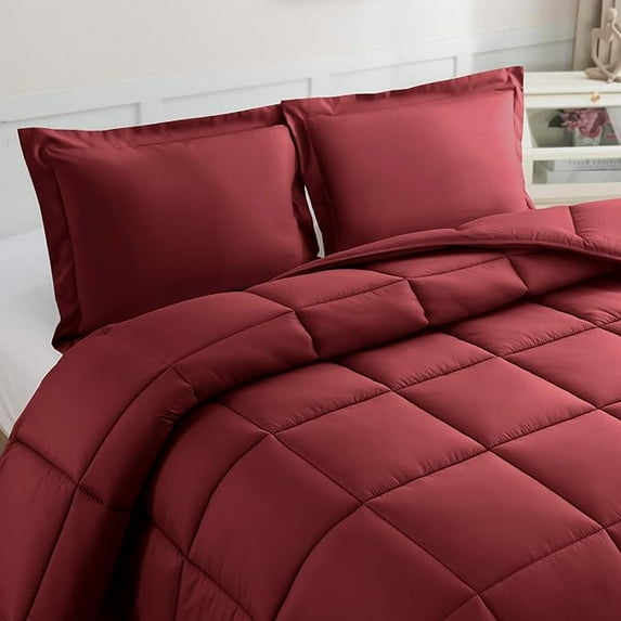 Mocassi 3-Piece Comforter Set, Down Alternative Box Stitched, Ultra Soft All-Season Bedding with Shams, Plush Cozy Duvet Insert with Corner Tabs - Queen, Burgundy