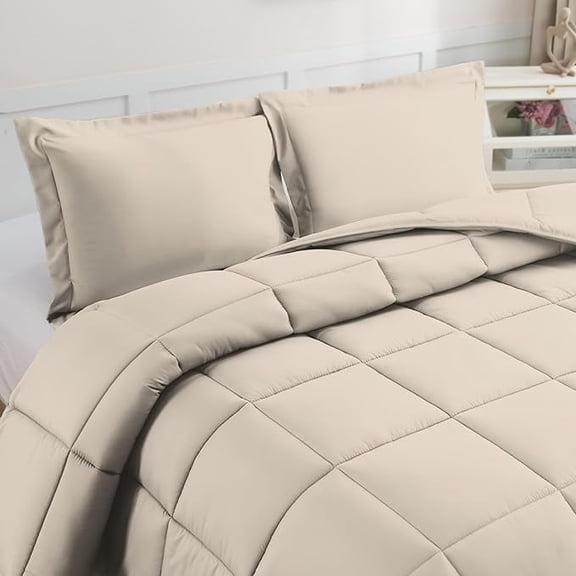Mocassi 3-Piece Comforter Set, Down Alternative Box Stitched, Ultra Soft All-Season Bedding with Shams, Plush Cozy Duvet Insert with Corner Tabs - Twin, Linen