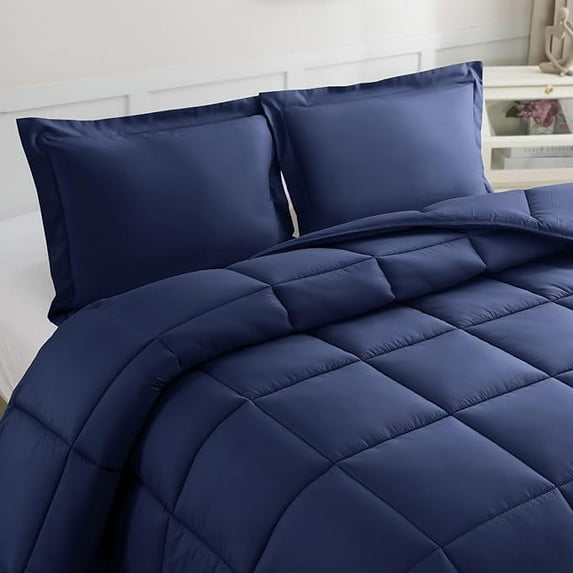 Mocassi 3-Piece Comforter Set, Down Alternative Box Stitched, Ultra Soft All-Season Bedding with Shams, Plush Cozy Duvet Insert with Corner Tabs - Twin, Navy Blue