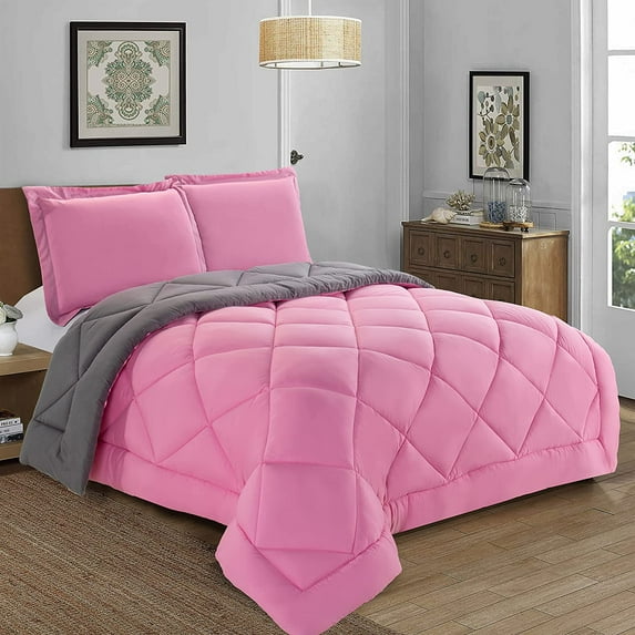 Mocassi Soft 3-Piece Microfiber Comforter Set, Reversible Box Stitched, King/California King, Pink/Gray