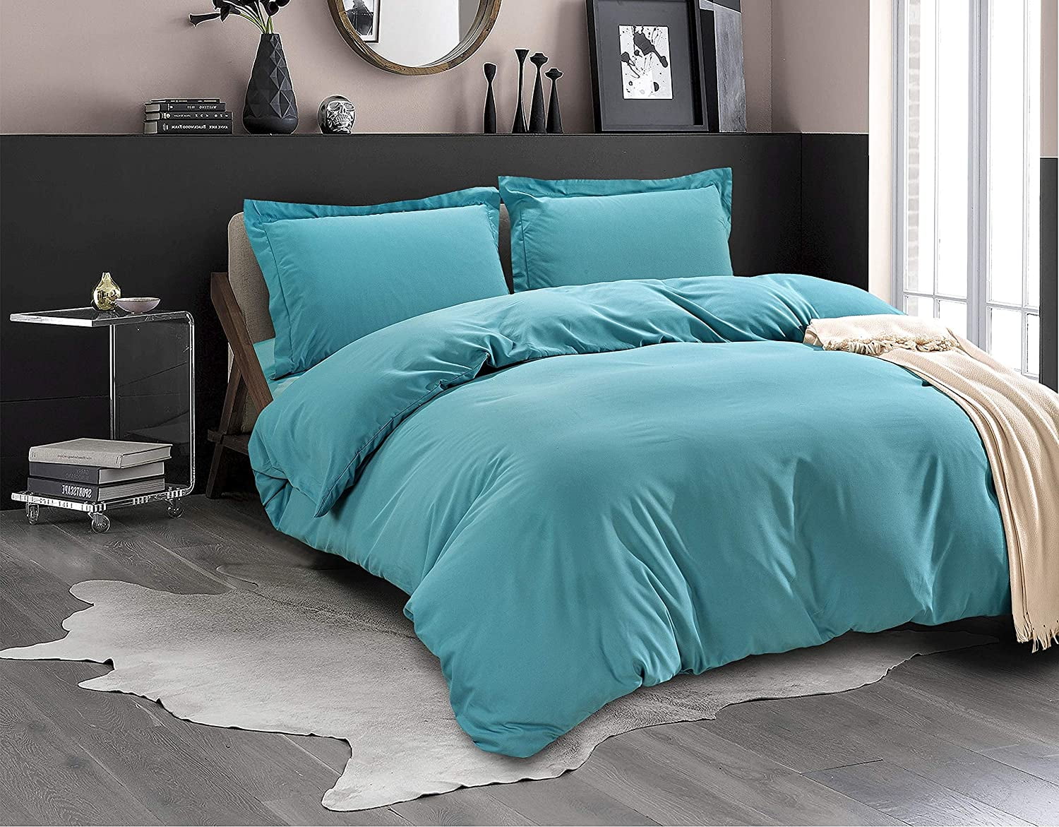 Mocassi 3-Piece Duvet Cover Set, 1800 Thread Count, Button Closure, Solid Color - Cooling, Breathable Material- Wrinkle, Fade, Stain Resistant, Full/Queen, Turquoise
