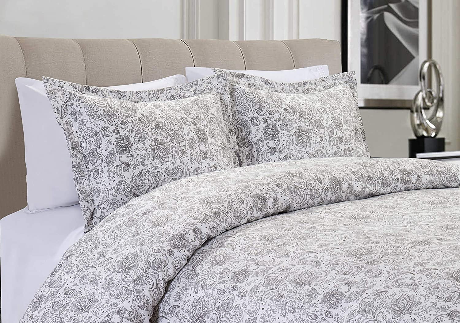 Mocassi 3-Piece Duvet Set, Paisley Design, Comforter Cover with Corner Ties & Button Closure, Full/Queen, Gray
