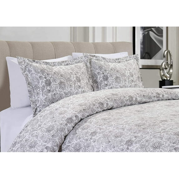 Mocassi 3-Piece Duvet Set, Paisley Design, Comforter Cover with Corner Ties & Button Closure, King/California King, Gray