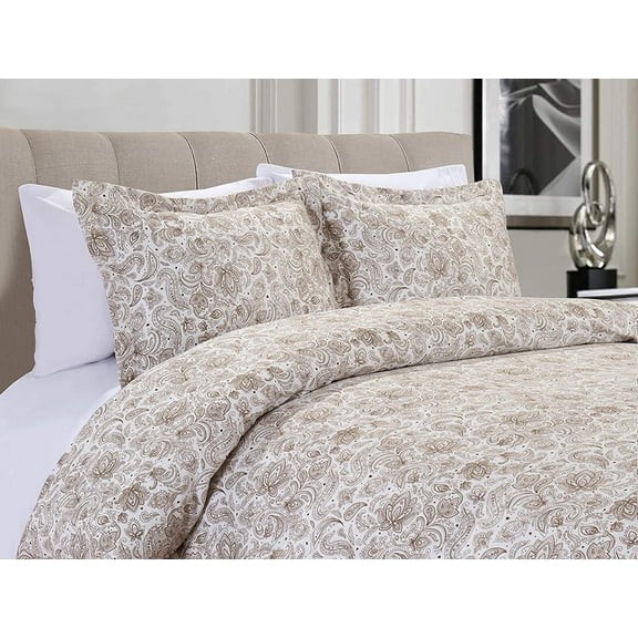 Soft and Cozy 2-Tone Paisley Pattern Duvet Cover with Matching Sham, Button Closure & Corner Ties, 3-Piece Set, King/California King, Taupe
