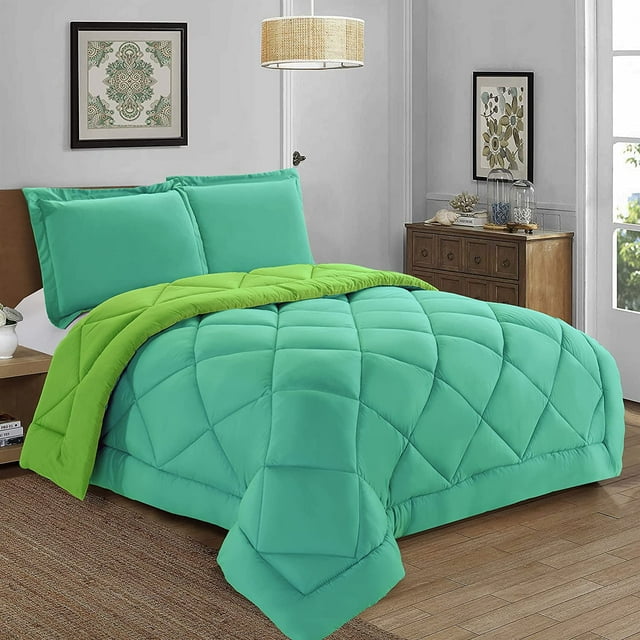 Mocassi 3-Piece Reversible Comforter Set - Full/Queen - All Season Box-Stitched Down Alternative, Aqua/Lime