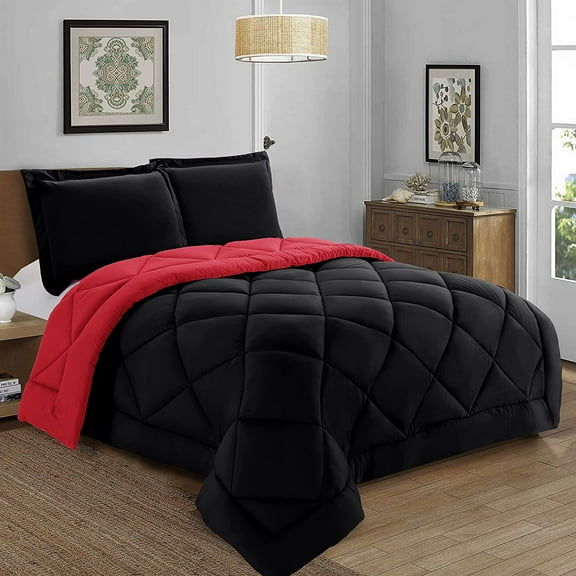 Mocassi 3-Piece Reversible Comforter Set - King/California King - All Season Box-Stitched Down Alternative, Black/Burgundy