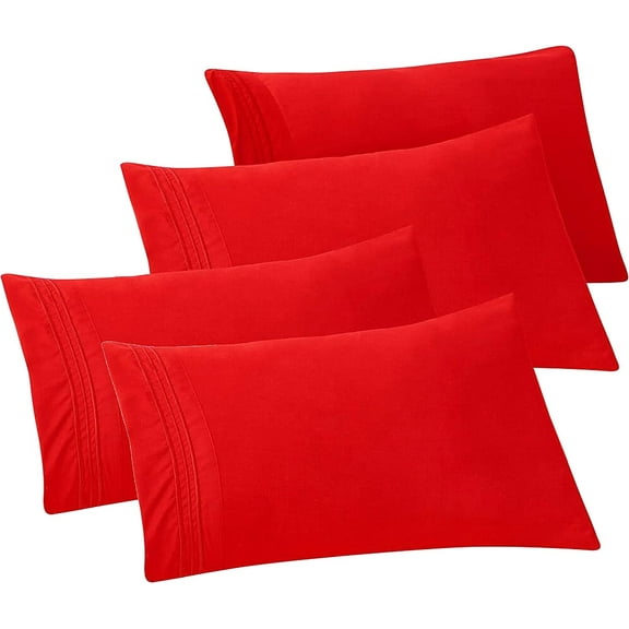 Mocassi 4-PACK Solid Pillowcases 1500 Thread Count Egyptian Quality,Easy Slip-On, 4-Piece Set, King Pillowcase, Red