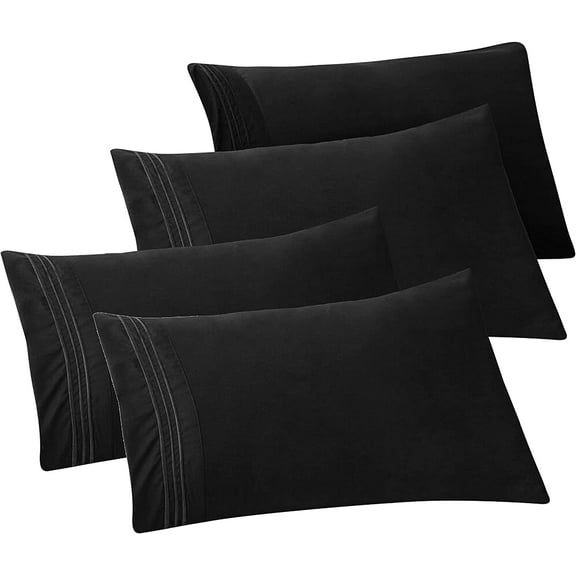 Mocassi 4-PACK Solid Pillowcases 1500 Thread Count Egyptian Quality,Easy Slip-On, 4-Piece Set, Standard/Queen Pillowcase, Black