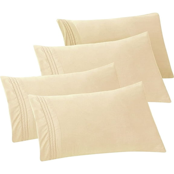 Mocassi 4-PACK Solid Pillowcases 1500 Thread Count Egyptian Quality,Easy Slip-On, 4-Piece Set, Standard/Queen Pillowcase, Cream