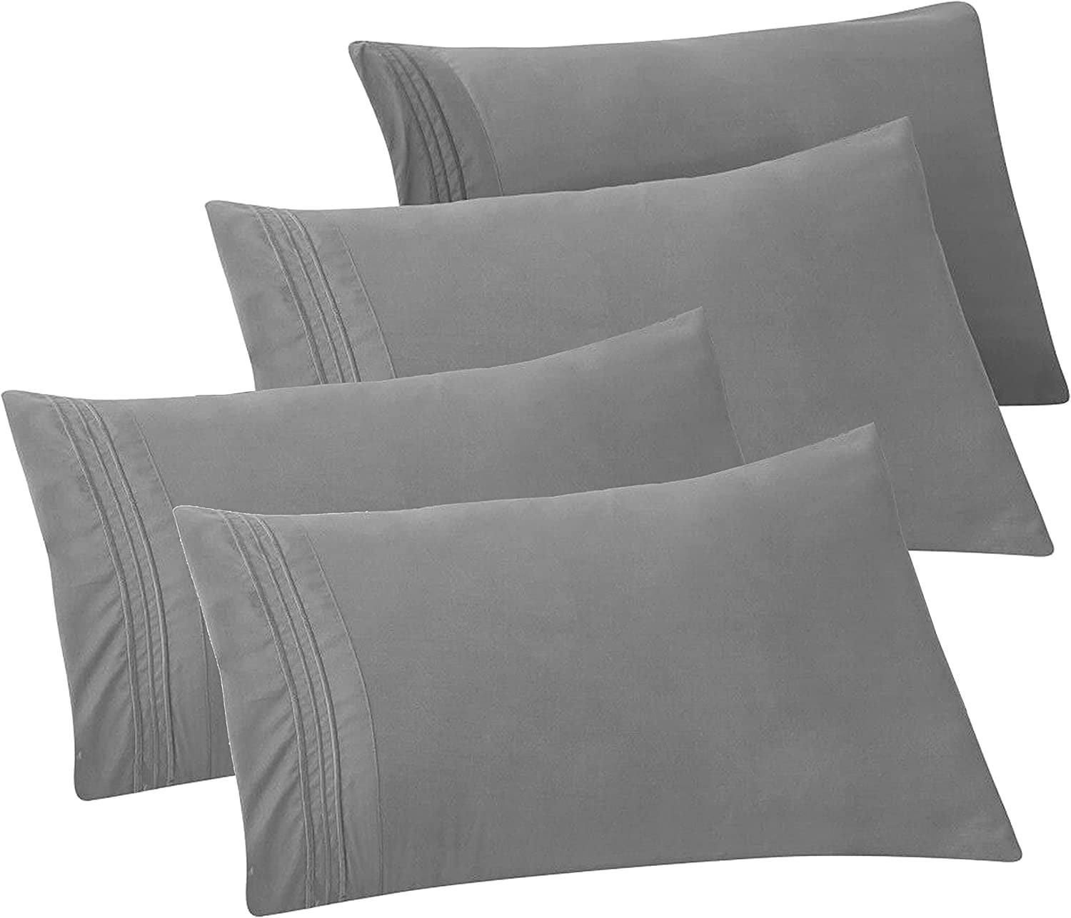 Mocassi 4-PACK Solid Pillowcases 1500 Thread Count Egyptian Quality,Easy Slip-On, 4-Piece Set, Standard/Queen Pillowcase, Gray
