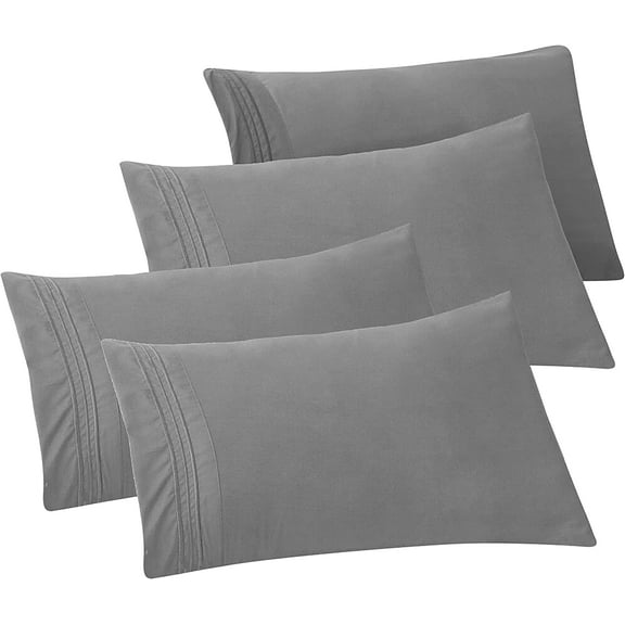 Mocassi 4-PACK Solid Pillowcases 1500 Thread Count Egyptian Quality,Easy Slip-On, 4-Piece Set, Standard/Queen Pillowcase, Gray
