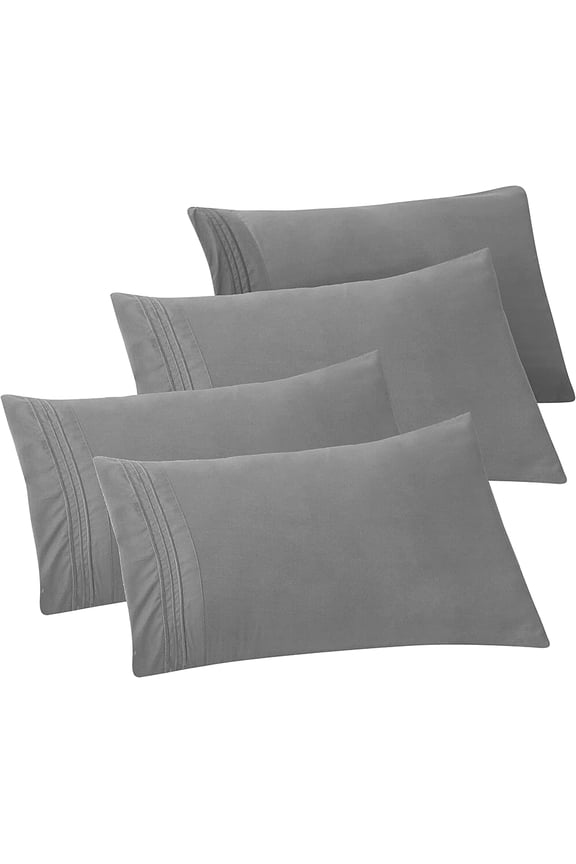 4-PACK Solid Pillowcases 1500 Thread Count Egyptian Quality,Easy Slip-On, 4-Piece Set, Standard/Queen Pillowcase, Gray