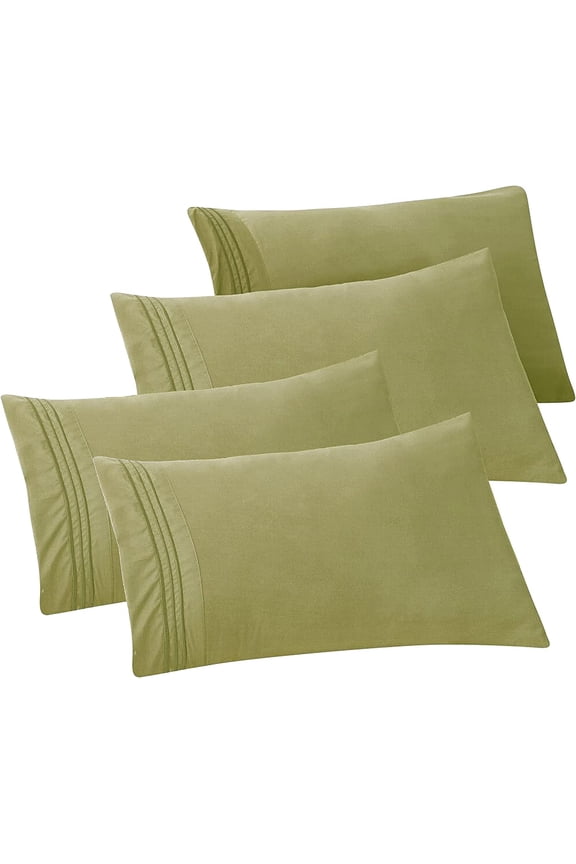 4-PACK Solid Pillowcases 1500 Thread Count Egyptian Quality,Easy Slip-On, 4-Piece Set, Standard/Queen Pillowcase, Green