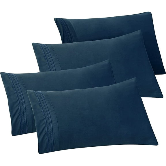 Mocassi 4-PACK Solid Pillowcases 1500 Thread Count Egyptian Quality,Easy Slip-On, 4-Piece Set, Standard/Queen Pillowcase, Navy