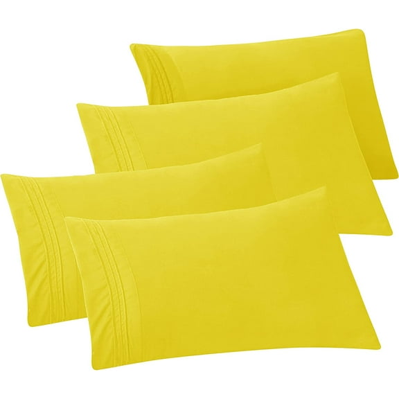 Mocassi 4-PACK Solid Pillowcases 1500 Thread Count Egyptian Quality,Easy Slip-On, 4-Piece Set, Standard/Queen Pillowcase, Yellow