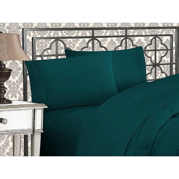 Mocassi 4-Piece Bed Sheet Set Three-Line Design 1500 Series Quality Microfiber - Wrinkle and Fade Resistant - Deep Pocket, Full, Marine Teal