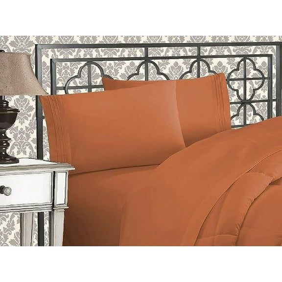 Mocassi 4-Piece Bed Sheet Set Three-Line Design 1500 Series Quality Microfiber - Wrinkle and Fade Resistant - Deep Pocket, Twin, Coral