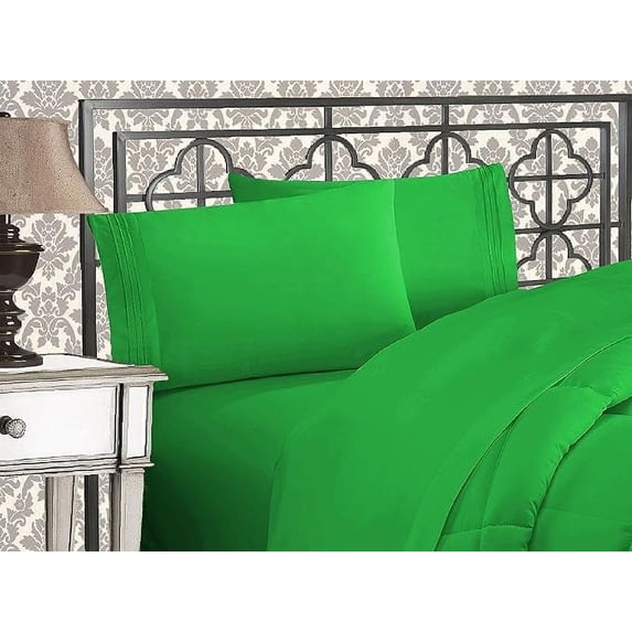 Mocassi 4-Piece Bed Sheet Set Three-Line Design 1500 Series Quality Microfiber - Wrinkle and Fade Resistant - Deep Pocket, Twin, Emerald Green