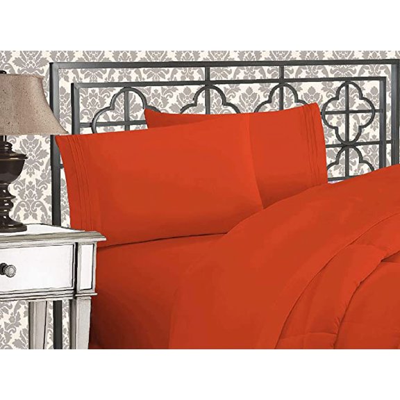 Mocassi 4-Piece Bed Sheet Set Three-Line Design 1500 Series Quality Microfiber - Wrinkle and Fade Resistant - Deep Pocket, Twin, Rust